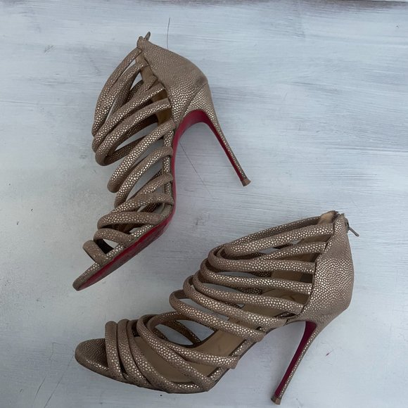 Christian Louboutin Gold/Brown Textured Suede Open-Toe Strappy Cage Sandals - Picture 5 of 12